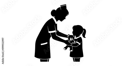 Nurse, healthcare worker, woman, helping child, medical professional, black silhouette