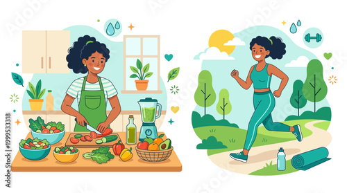 A vibrant lifestyle illustration of a woman engaging in healthy activities, cooking a nutritious meal and jogging outdoors, conveying a sense of modern living and wellness.