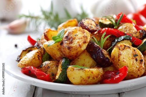 Roasted potatoes with vegetables on white