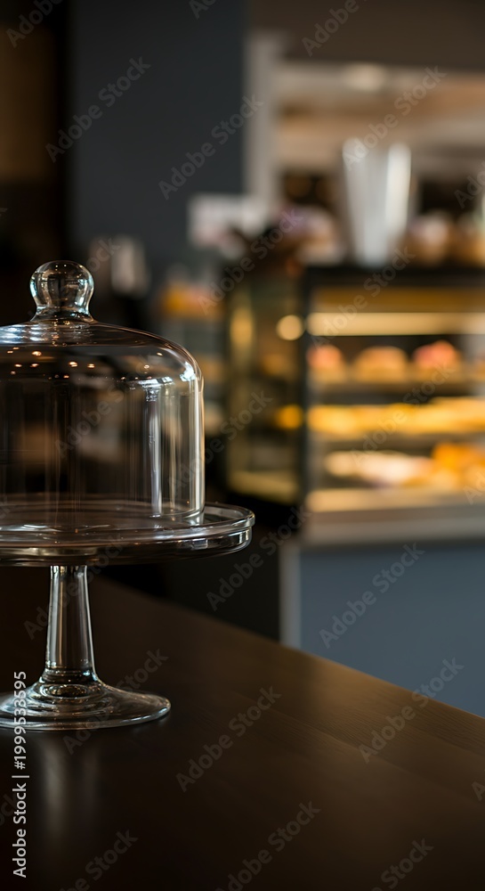 Obraz premium Minimalist Cake Stand, Empty Glass Dome, Blurred Bakery Background, Large Central Space For Text