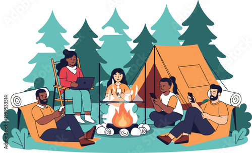 Friends using smartphones while camping around bonfire in forest flat vector illustration for outdoor lifestyle