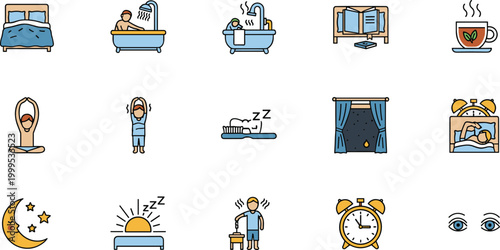 Set of bedtime and morning routine icons flat vector collection for healthy daily lifestyle