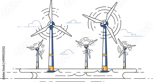 Offshore wind turbines generating renewable energy flat vector illustration for sustainable power and green technology