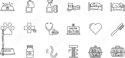 Set of pet care and veterinary line icons vector collection for animal services and healthcare