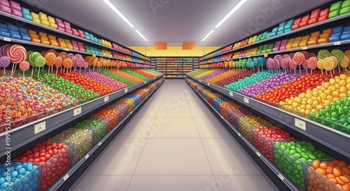Pixel Art Candy Store Aisle with Colorful Display of Sweet Treats