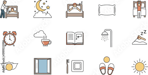 Set of sleep routine and bedtime icons flat vector collection for healthy lifestyle design