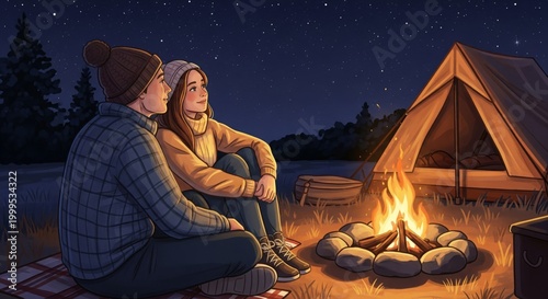 Couple Gazing at Starry Night Sky Around Campfire in Pixel Art