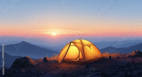 Pixel Art Tent Glowing on Hill at Dusk with Mountain Background