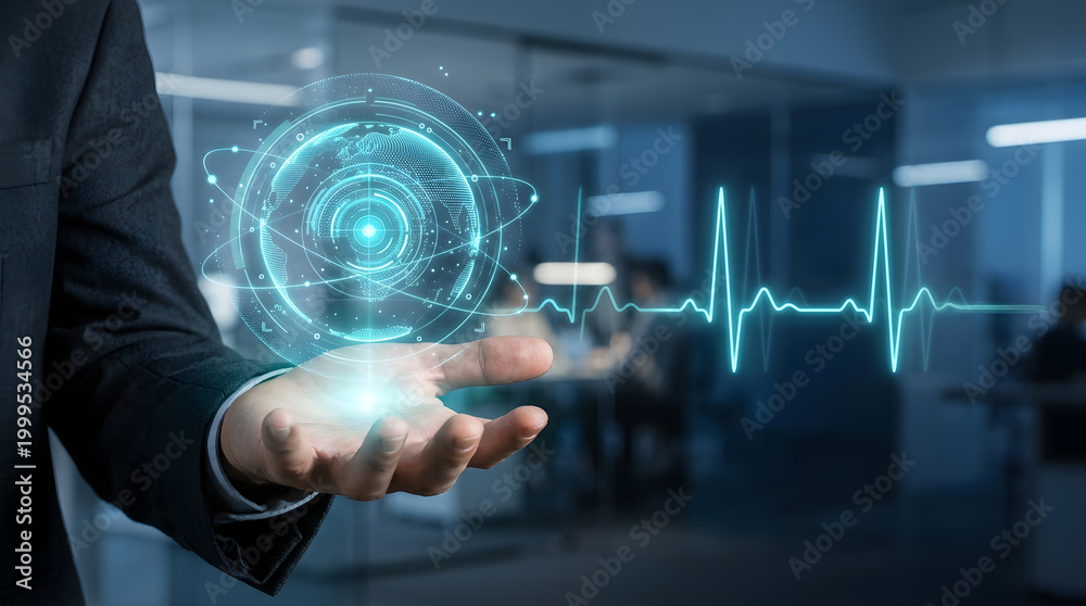 Obraz premium Hand touching futuristic digital globe interface with heartbeat waveform for healthcare tech