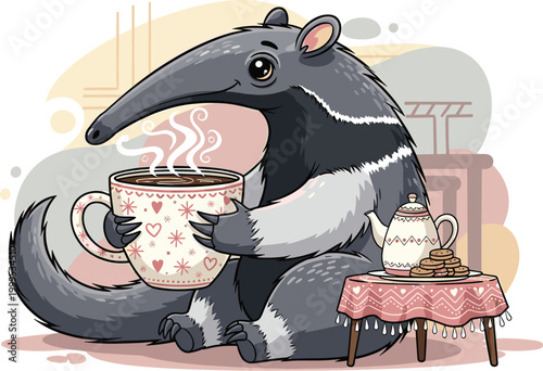 Cute Cartoon Anteater Drinking Tea Illustration Featuring Cozy Animal Character with Teacup, Table, and Dessert in Warm Lifestyle Scene for Children’s Design Concepts