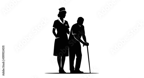 Silhouette of elderly couple, senior man with cane and woman, black vector illustration