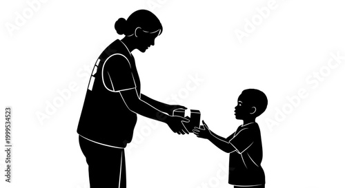 Black silhouette woman giving cup to child, helping, caring, assistance, support