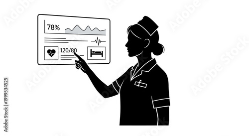 Businesswoman, healthcare professional, medical infographic, statistics analysis, black vector icon