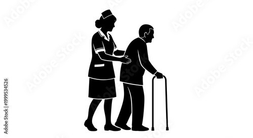 Caregiver assisting elderly person, support and help vector icon, healthcare and medical symbol, black silhouette illustration