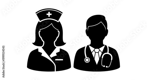 Medical professionals, doctor and nurse, healthcare icons, black silhouette, vector graphics