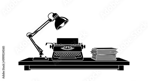 Vintage typewriter, desk lamp, and papers, office workspace, writing tools, black and white vector