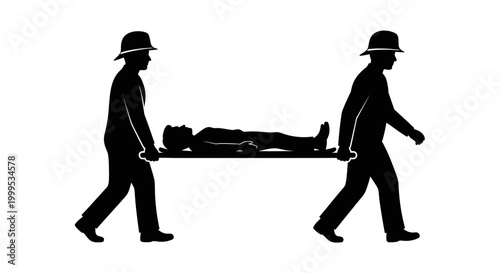 Medical emergency response, stretcher transport, ambulance crew, healthcare workers, black silhouette icons