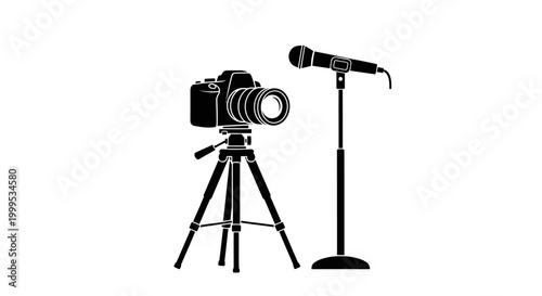 Camera, microphone, recording equipment, photography tools, vector icons
