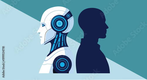 Robot and human head silhouettes against a teal background