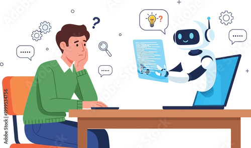 Man And Robot Working With Laptop Idea And Problem Solving