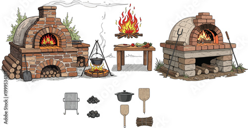 Outdoor Brick Oven and Campfire Cooking Illustration Set Featuring Rustic Pizza Oven, Firepit, Cooking Pot, and Wooden Utensils for Camping and Survival Concepts