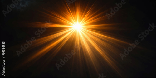 An abstract orange light burst background features a glowing sun explosion and bright yellow rays of energy that shine across a hot summer sky design with fire and star motion texture