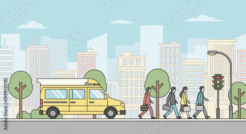 City street scene with business people walking by a yellow minivan