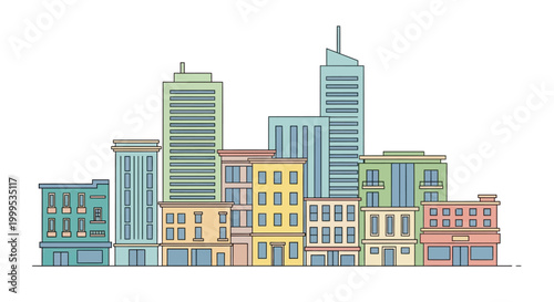 City skyline vector illustration with colorful urban buildings on white background