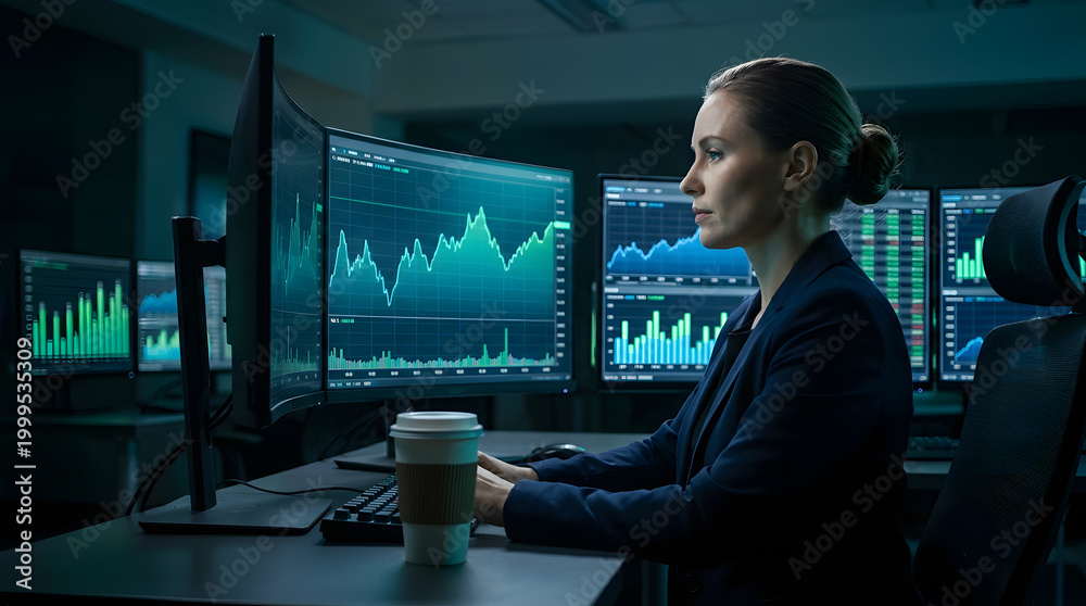Fototapeta premium Businesswoman monitoring financial market charts on multiple screens in modern trading office