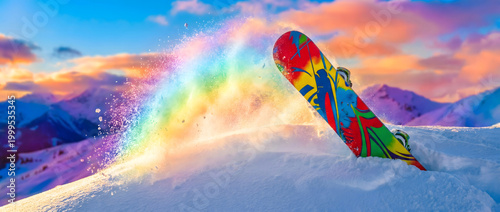 Colorful snowboard stuck in snow with rainbow-colored snow spray against mountain sunset backdrop