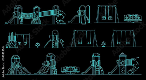 AutoCAD Playground Equipment Blueprint Vector Set – Kids Park Toys Multi View Architectural Cyan Outline on Black Background