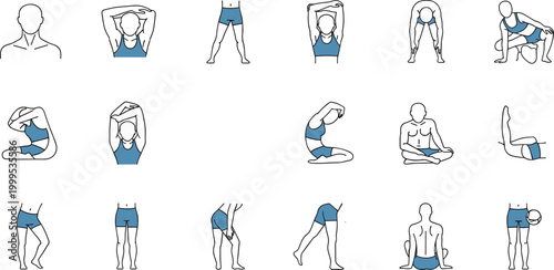 Set of yoga and stretching exercise icons flat vector collection for fitness and healthy lifestyle