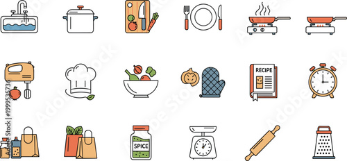 Set of cooking and kitchen utensil icons flat vector collection for food and culinary design
