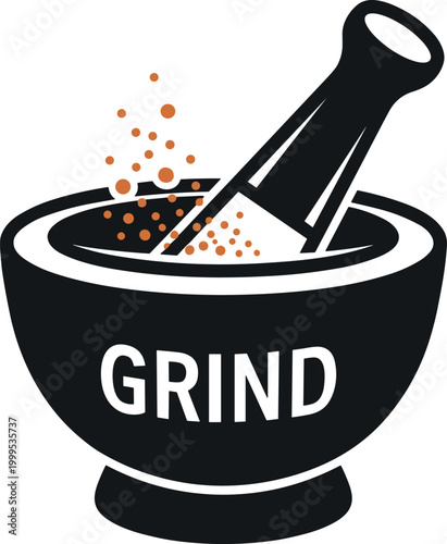 Mortar and pestle grind icon black and white vector illustration for cooking and herbal medicine