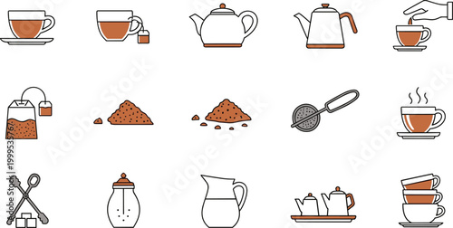 Set of tea and teapot icons flat vector collection for beverage and cafe design