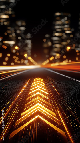 Pathway to Progress: An illuminated arrow leads the way on a dynamic road, with blurred city lights in the background. The scene suggests movement and ambition.