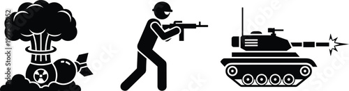 War and Military Icon Set Featuring Nuclear Explosion, Armed Soldier, and Tank Silhouettes for Defense, Conflict, and Security Concept Designs