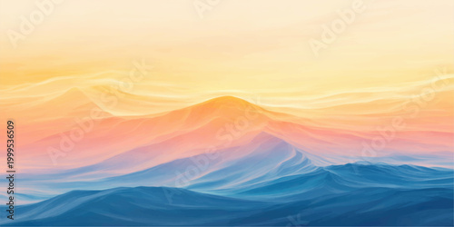 A breathtaking panorama of an orange sunset over a mountain range and the sea where clouds and fog drift through the valley under a vibrant evening sky