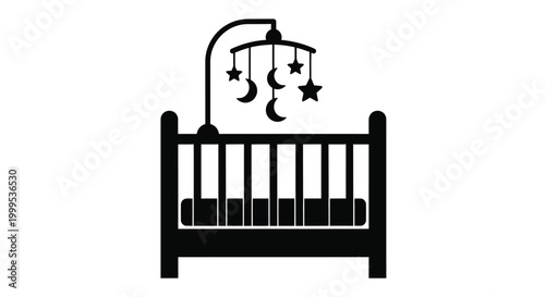 Baby crib with mobile above black silhouette high quality professional detailed