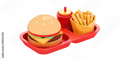 3d illustration of a burger fries and drink on a tray