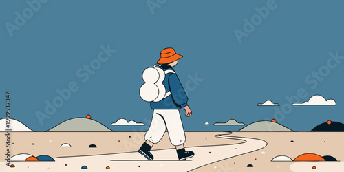 Minimalist illustration of a person walking alone in desert landscape with backpack expressing positive solitude and calm journey