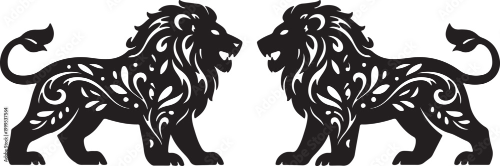 Fototapeta premium Ornamental Lion Pair Vector Illustration for Heraldic Logo Design, Luxury Branding and Tattoo Art