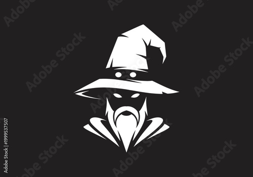Canvastavla Minimalist wizard mascot logo with hat and beard on black