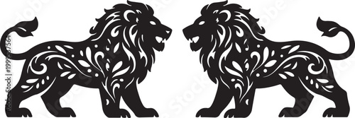Ornamental Lion Pair Vector Illustration for Heraldic Logo Design, Luxury Branding and Tattoo Art