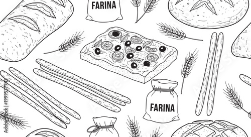 Seamless Pattern with Hand Drawn Bakery Products Bread Pizza and Wheat Ears Vector Illustration for Food Design