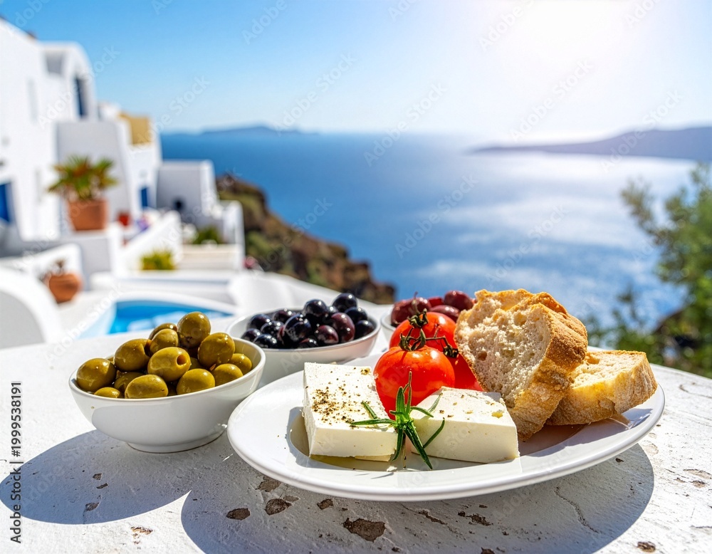 Fototapeta premium Traditional Mediterranean breakfast with feta cheese, olives, bread, and tomato served outdoors overlooking blue sea and white architecture of Greek island in summer