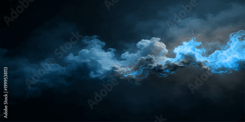 Dramatic blue smoke swirls like a storm through a dark cloudscape of summer sky and white nature clouds for a moody weather background