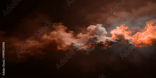Dramatic fire and smoke fill the dark cloudscape at sunset as sunlight pierces through a stormy sky to create a nature background of light and color