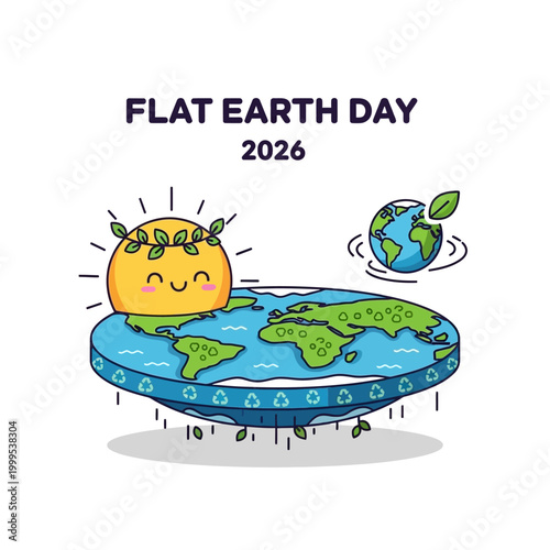 Flat Earth Day 2026 Illustration: Sun & Globe with Recycling Symbols