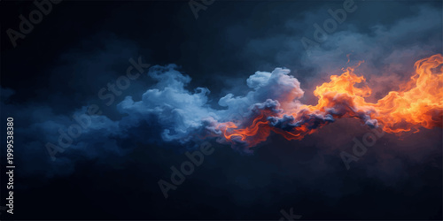 Dramatic sunset cloudscape with fire in the sky and orange smoke beneath dark stormy clouds at sunrise